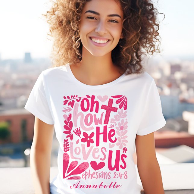 T-shirt Jésus rose Il nous aime Nom personnalisé des femme (Jesus Pink He Loves Us Easter Women's Custom Name T-Shirt)