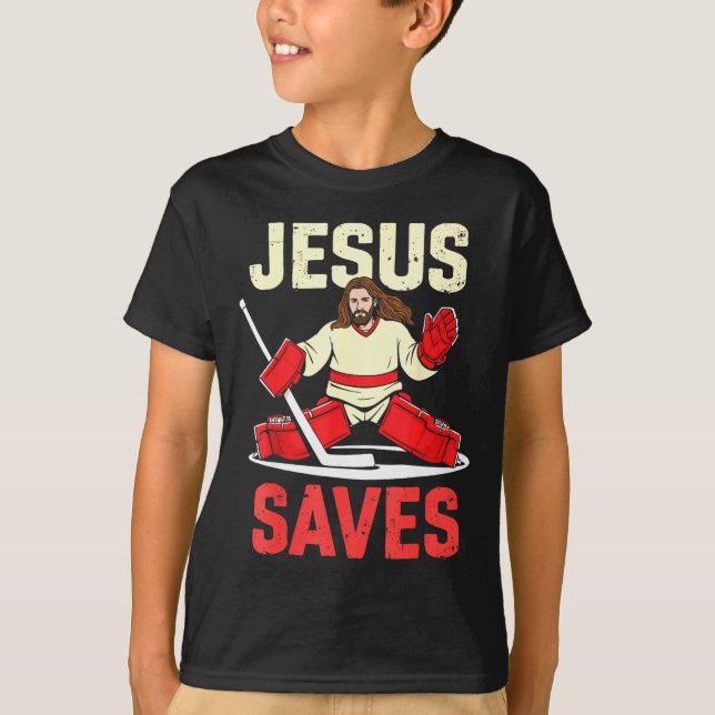 T-shirt Jesus Saves Ice Hockey Goalie Player Christian Fun (Devant)