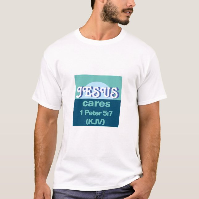T-shirt Jésus S'En Soucie. 1 Pierre 5:7 (KJV) - Bleu océan (Devant)