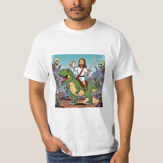 T-shirt Jésus sur T-rex version de dessin animé (Devant)