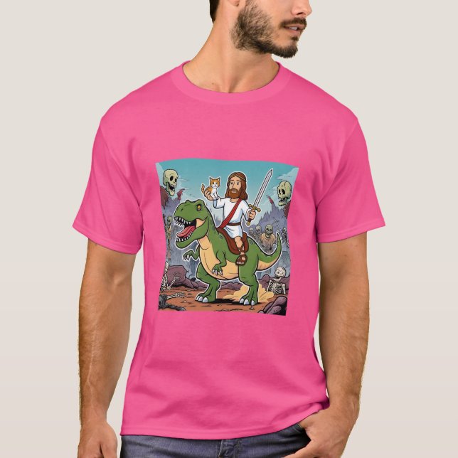 T-shirt Jésus sur T-rex version de dessin animé (Devant)