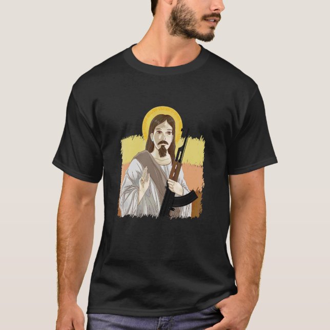 T-shirt Jésus tenant Ak 47 Arme Métal Dangereux Ak 47 (Devant)