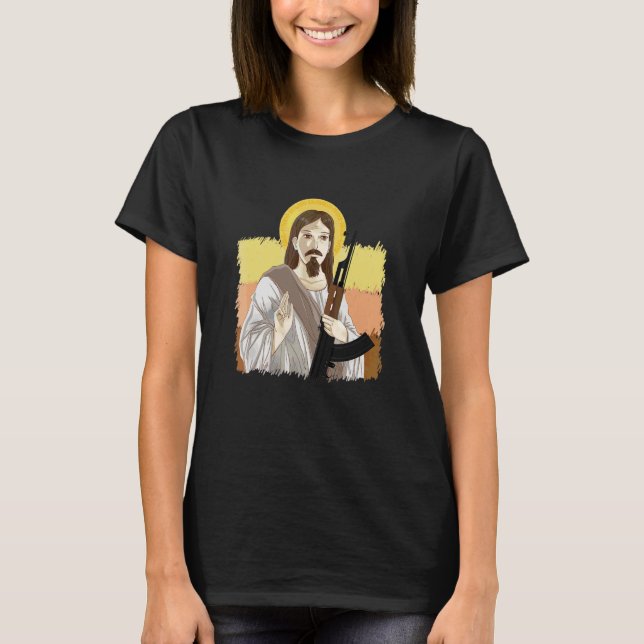 T-shirt Jésus tenant Ak 47 Arme Métal Dangereux Ak 47 (Devant)