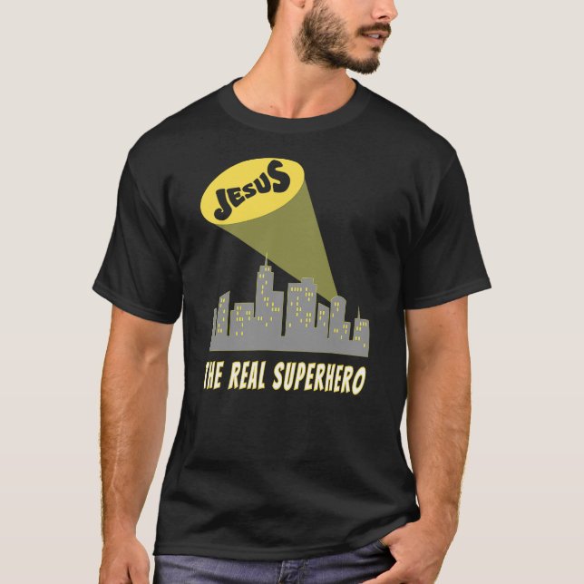 T-shirt Jesus the Real Superhero Bat Signal (Devant)