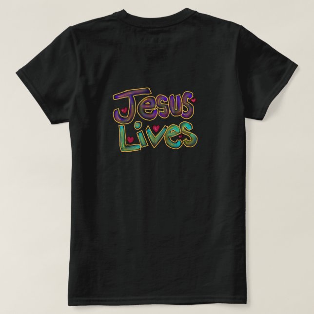 T-shirt « Jésus vit » Citation chrétienne Dames Noir  (Design dos)