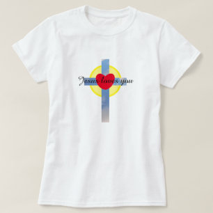 T-shirt Jésus vous aime Croix Bleue Nuageuse Coeur Soleil