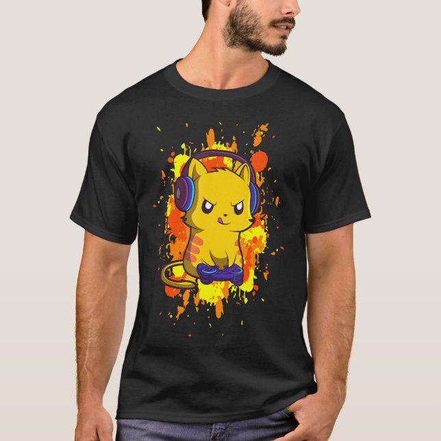 T-shirt Jeu Chat Vidéo Gamer Casque Kitten Nerd (Devant)