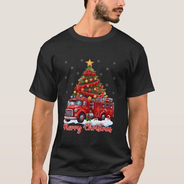 T-shirt Jeu de Noël Pompier feu Camion Arbre de Noël (Devant)