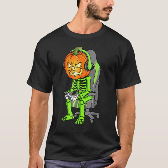 T-shirt Jeu Halloween Skeleton Jack-o'-lantern Gamer Boy (Devant)