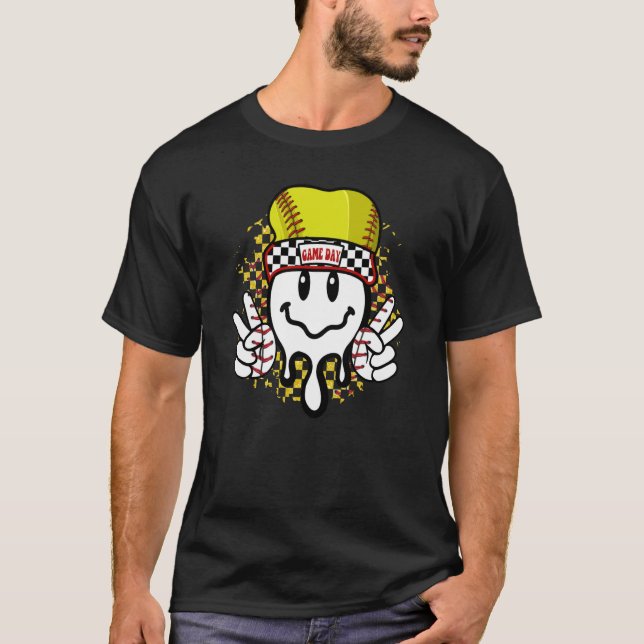 T-shirt Jeu Jour Softball Retro Smile Face Baseball Softba (Devant)