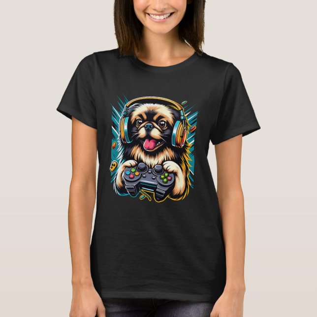 T-shirt Jeu vidéo casque Chien pékinois jeu  (Devant)