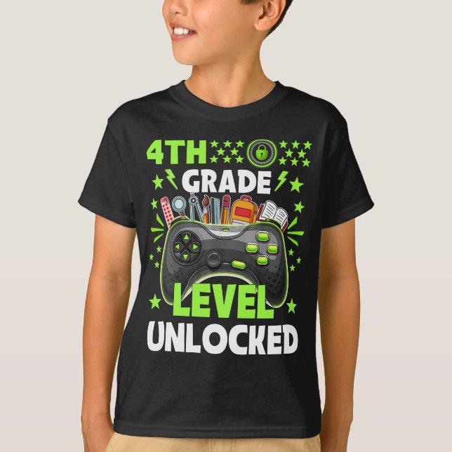 T-shirt Jeu vidéo déverrouillé de 4e année Retour à l'écol (Devant)