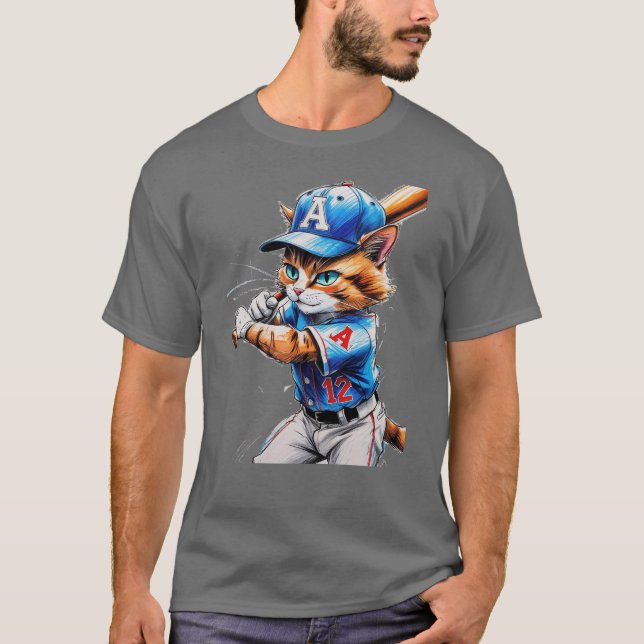T-shirt Jeune chat de baseball en uniforme avec sa batte ! (Devant)