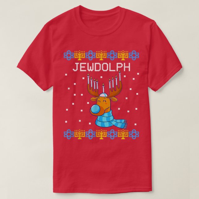 T-shirt Jewdolph Ugly Hanoukka Sweater Reindeer Menorah Ch (Design devant)