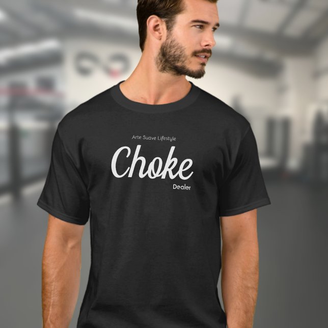 T-shirt Jiu Jitsu Choke Dealer Arte Suave Lifestyle (Choke Dealer black Brazilian Jiu Jitsu tshirt worn by male model in a gym)