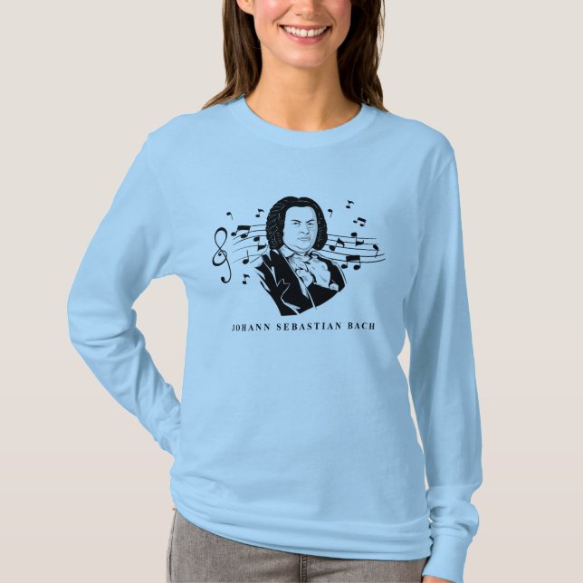 T-shirt Johann Sebastian Bach Portrait et buste avec notes (Devant)