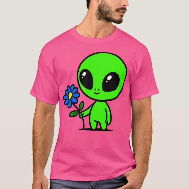 T-shirt Joli Alien Vert Et Fleur (Devant)