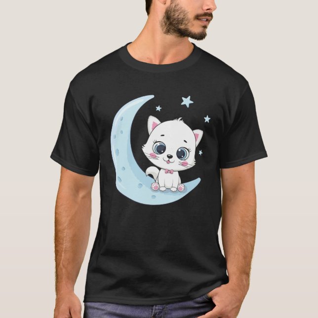 T-shirt Joli bébé chat assis sur la lune (Devant)
