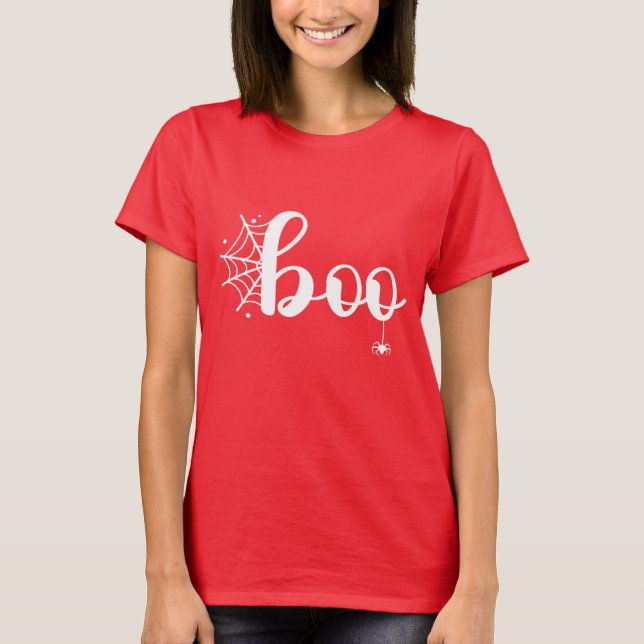 T-shirt Joli "Boo" Halloween Script avec araignée et Web (Devant)