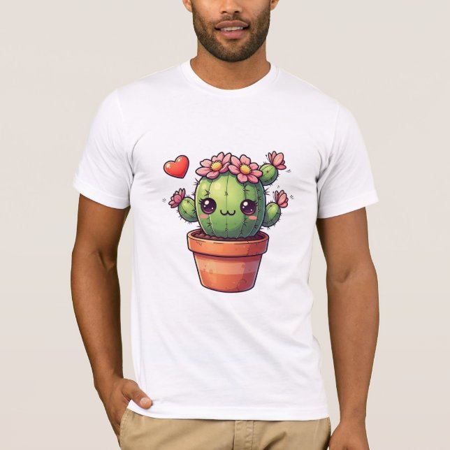 T-shirt Joli Cactus Kawaii Avec Fleurs Roses (Devant)