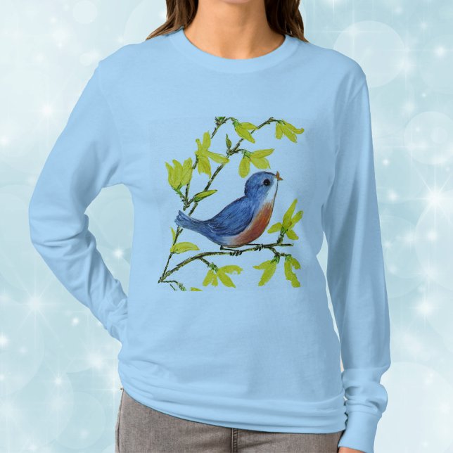 T-shirt Joli Chanteur Oiseau Bleu Arbre (Pretty blue red bird on branch with bright yellow flowers on woman's long sleeve shirt.)