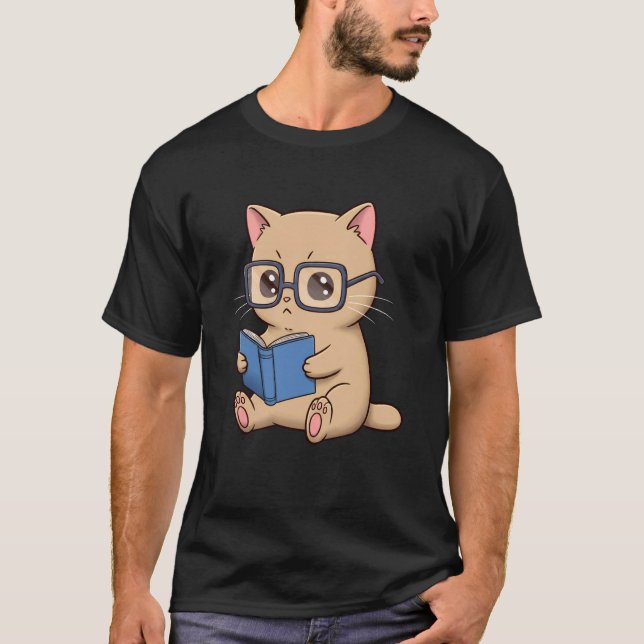 T-shirt Joli chat bibliophile lisant drôle nerd (Devant)
