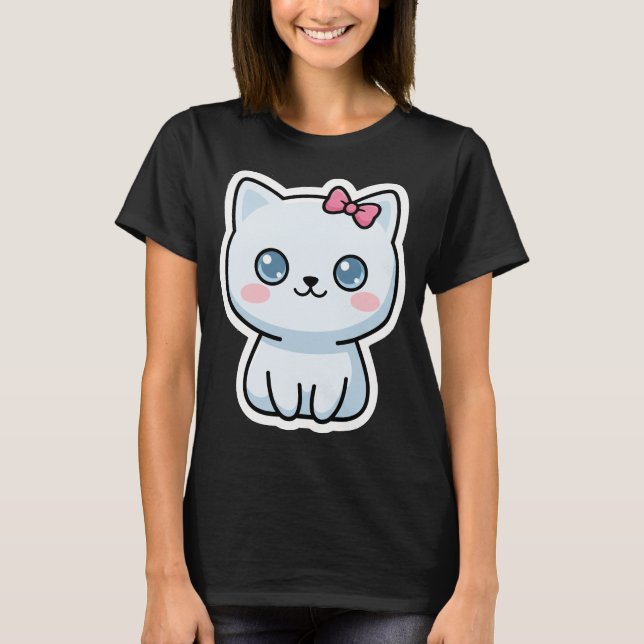 T-shirt Joli Chat Blanc avec Nœud Rose (Devant)