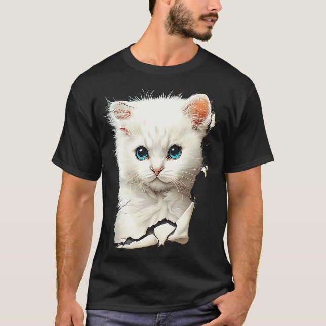 T-shirt Joli Chat Blanc Déchiré Tissu (Devant)