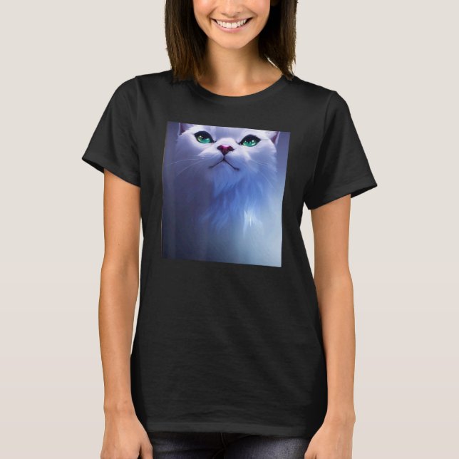 T-shirt Joli Chat Blanc Fluffy aux Yeux Verts (Devant)