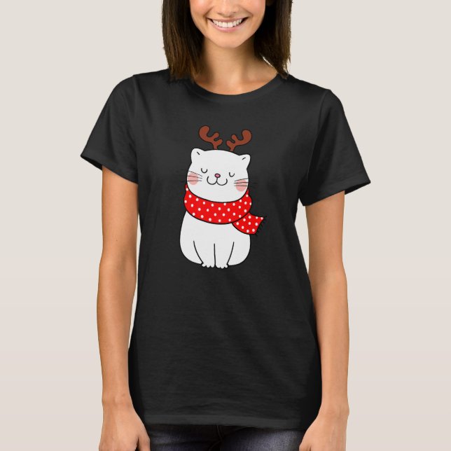 T-shirt Joli Chat Blanc Noël Cerf Antennes Chat (Devant)