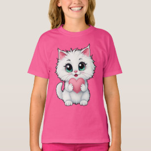 T-shirt Joli Chat Blanc Tenant Un Cœur 1