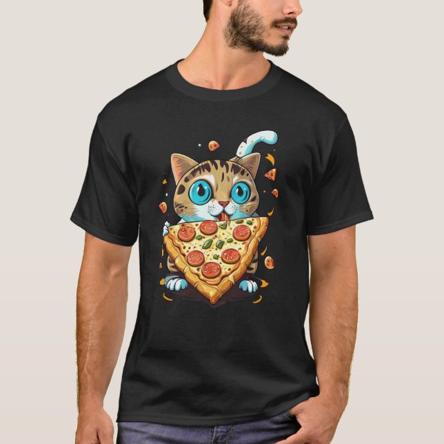T-shirt Joli Chat Chaton Mangeant une Pizza (Devant)
