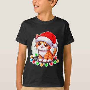 T-shirt Joli Chat de Noël avec Chapeau de Père Noël 