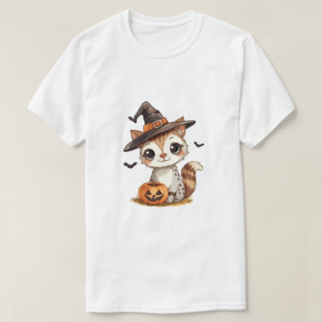 T-shirt Joli chat d'Halloween avec citrouille (Design devant)