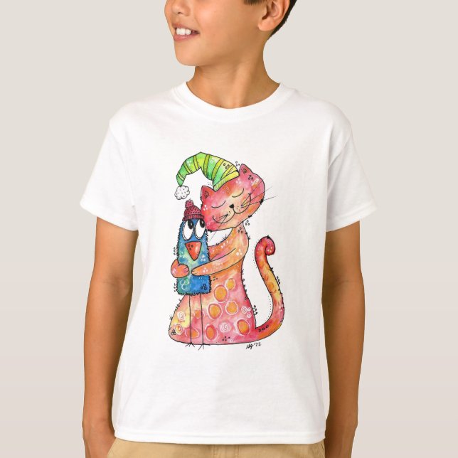 T-shirt Joli Chat Fantaisiste Aime Oiseau  (Devant)