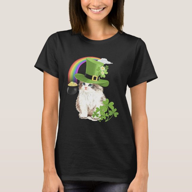 T-shirt Joli Chat  Fête de la Saint-Patrick Trèfle Arc-en- (Devant)