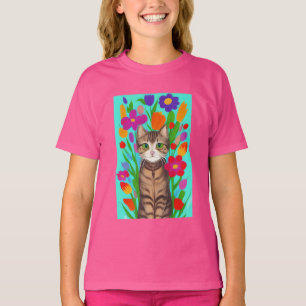 T-shirt Joli chat gris avec des fleurs colorées