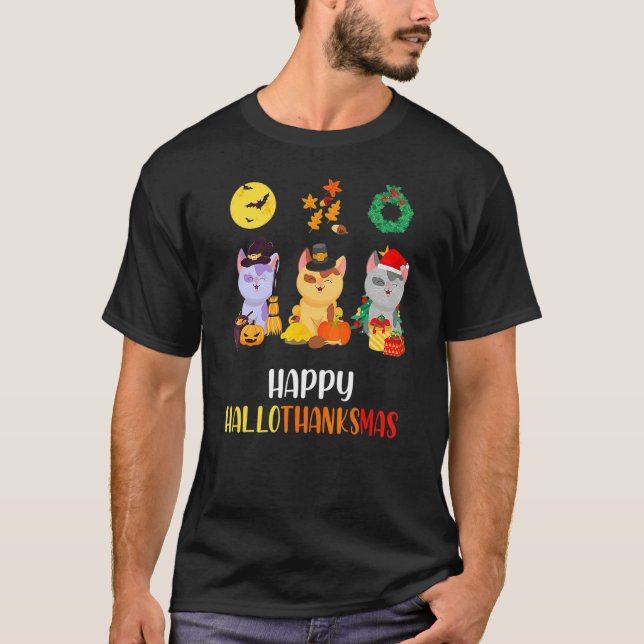 T-shirt Joli Chat Halloween Noël Joyeux Hallothanksmas  (Devant)