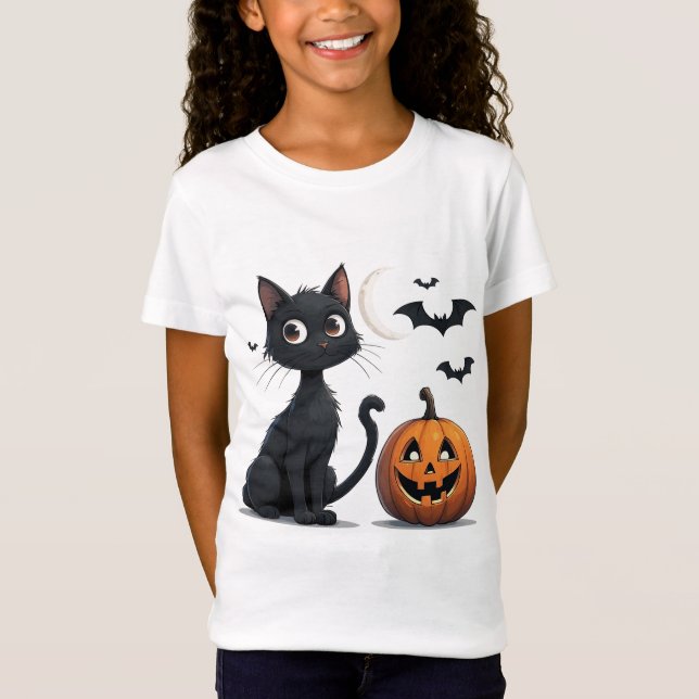 T-Shirt Joli chat noir avec citrouille Halloween 🎃 (Devant)