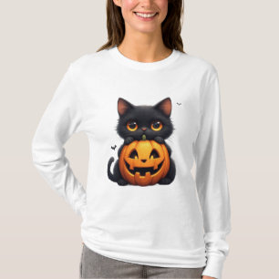 T-shirt Joli Chat Noir Avec Citrouille Jack O Lantern