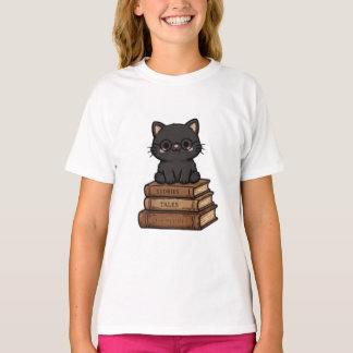 T-shirt Joli Chat Noir Avec Des Lunettes Sur Des Livres -