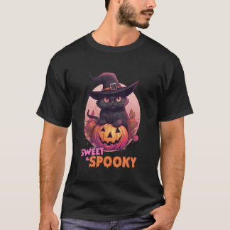 T-shirt Joli Chat Noir & Citrouille Douce Lune Entière Spo