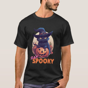 T-shirt Joli Chat Noir & Citrouille Restez Sombres Pleine