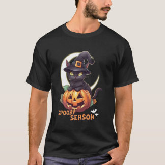 T-shirt Joli Chat Noir Citrouille Saison Sombre Croissant 