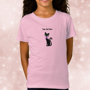 T-Shirt Joli Chat Noir Féminin Nœud Rose Yeux Verts
