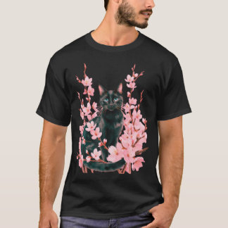 T-shirt Joli Chat Noir Fleur de Cerisier Japonaise Sakura