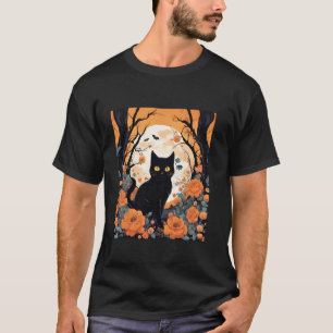 T-shirt Joli Chat Noir Floral Dans La Forêt Halloween Épou