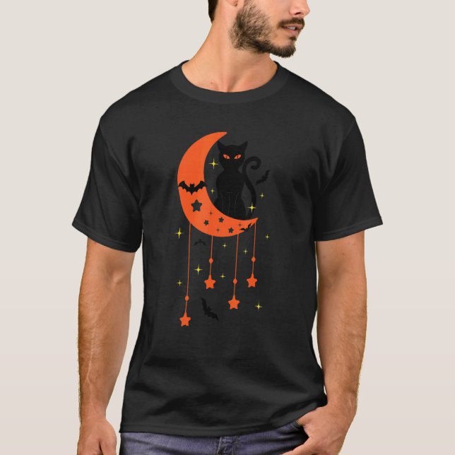 T-shirt Joli chat noir Halloween avec lune Chat (Devant)