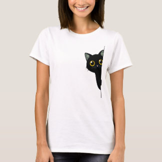 T-shirt Joli Chat Noir qui Regarde Autour du Coin | Drôle
