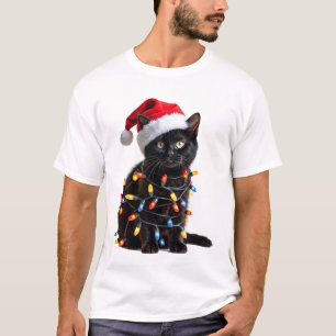 T-shirt Joli chat noir Santa Noël Lumières Miaou Kitty K